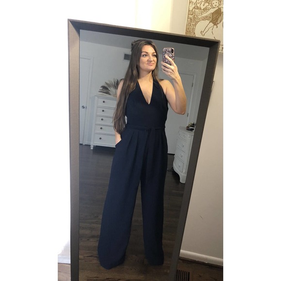 NWT Eva Franco size 12 navy halter crepe lined halter wide leg jumpsuit pockets - Picture 2 of 5